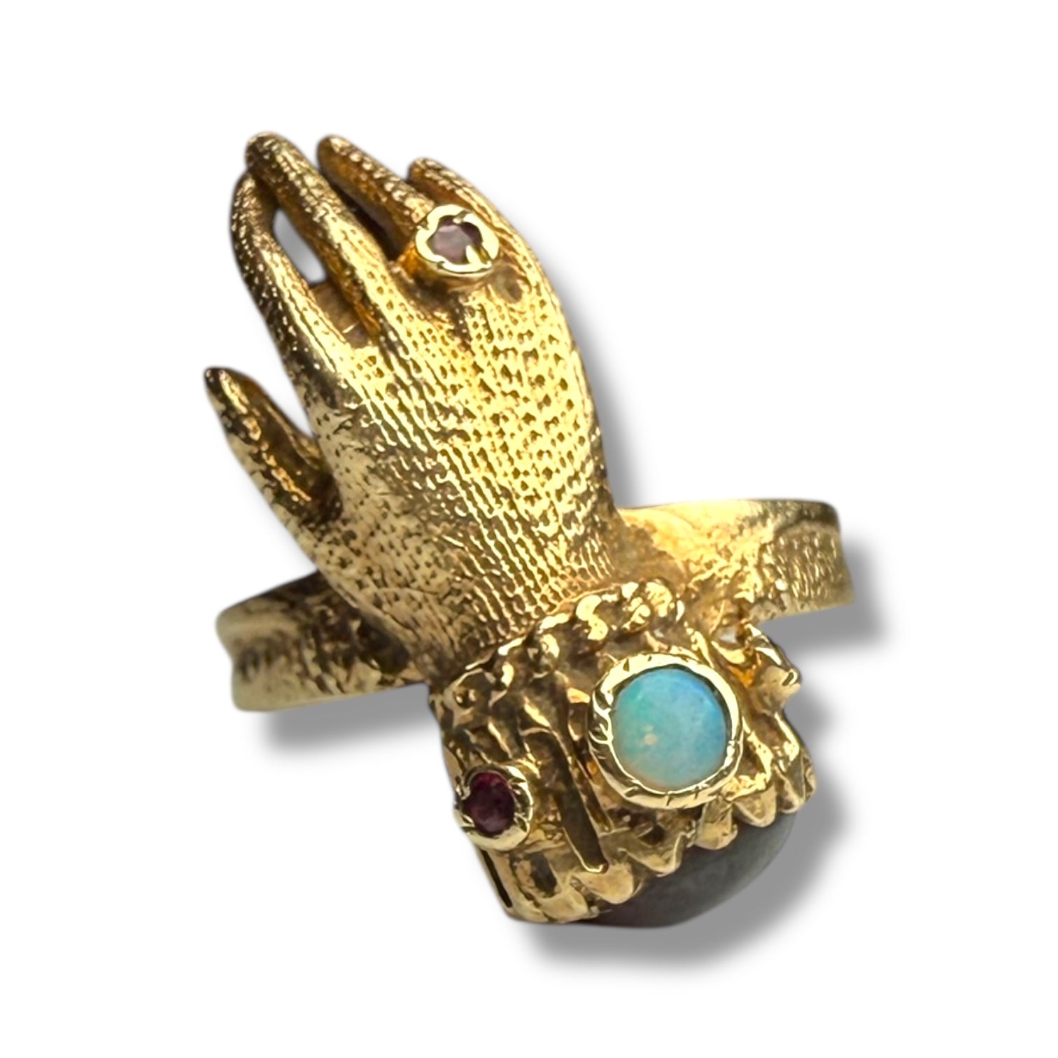 Gold hand ring with opal and garnet