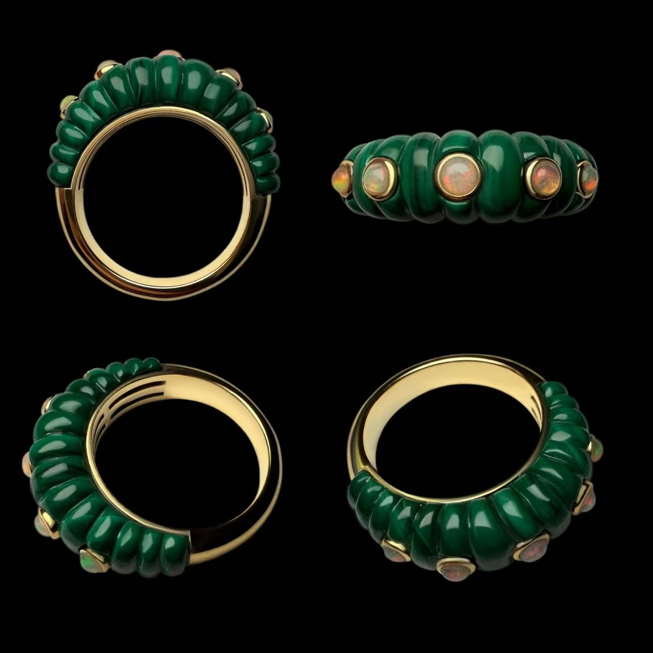 18k Gold Ring with Malachite and Opal