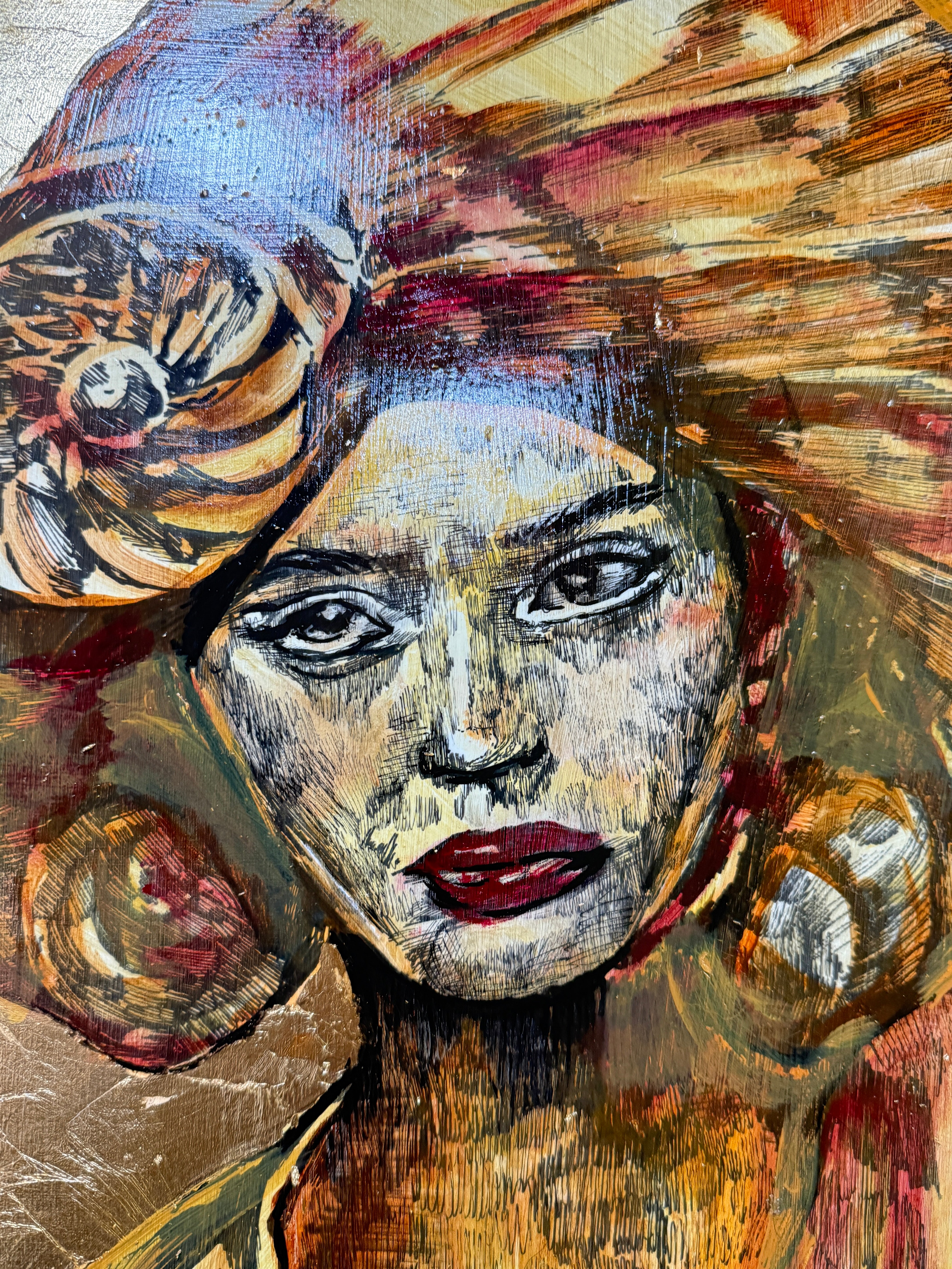 “Golden” – Original Contemporary Artwork | Ink, Oil & Gold Leaf on Wood | Female Portrait Art