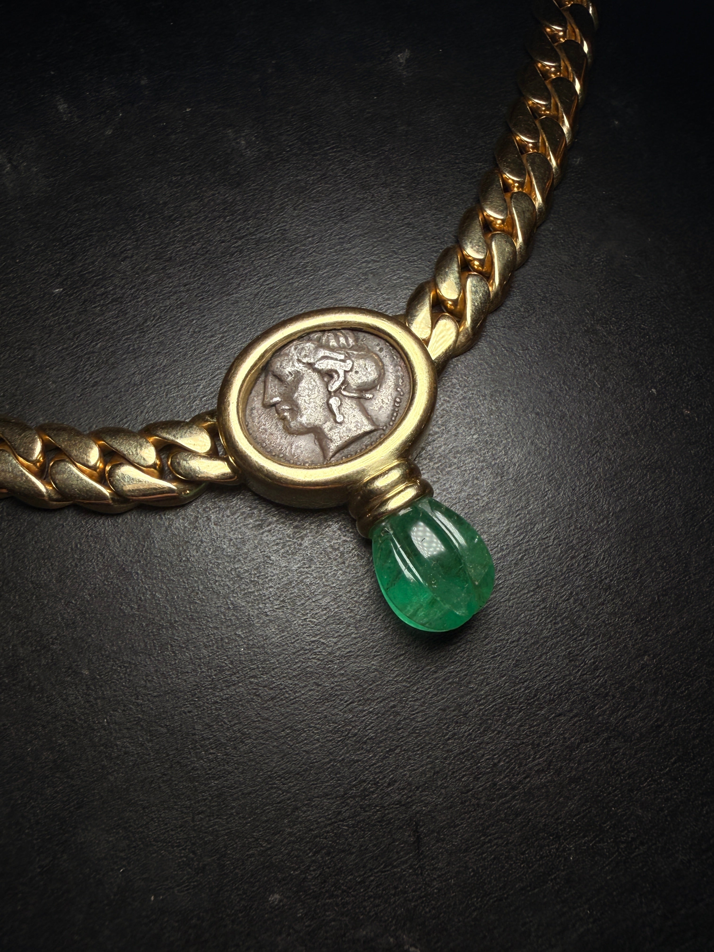 18k Gold Necklace with Ancient Coin and Emerald Drop – Signed S. Nardi