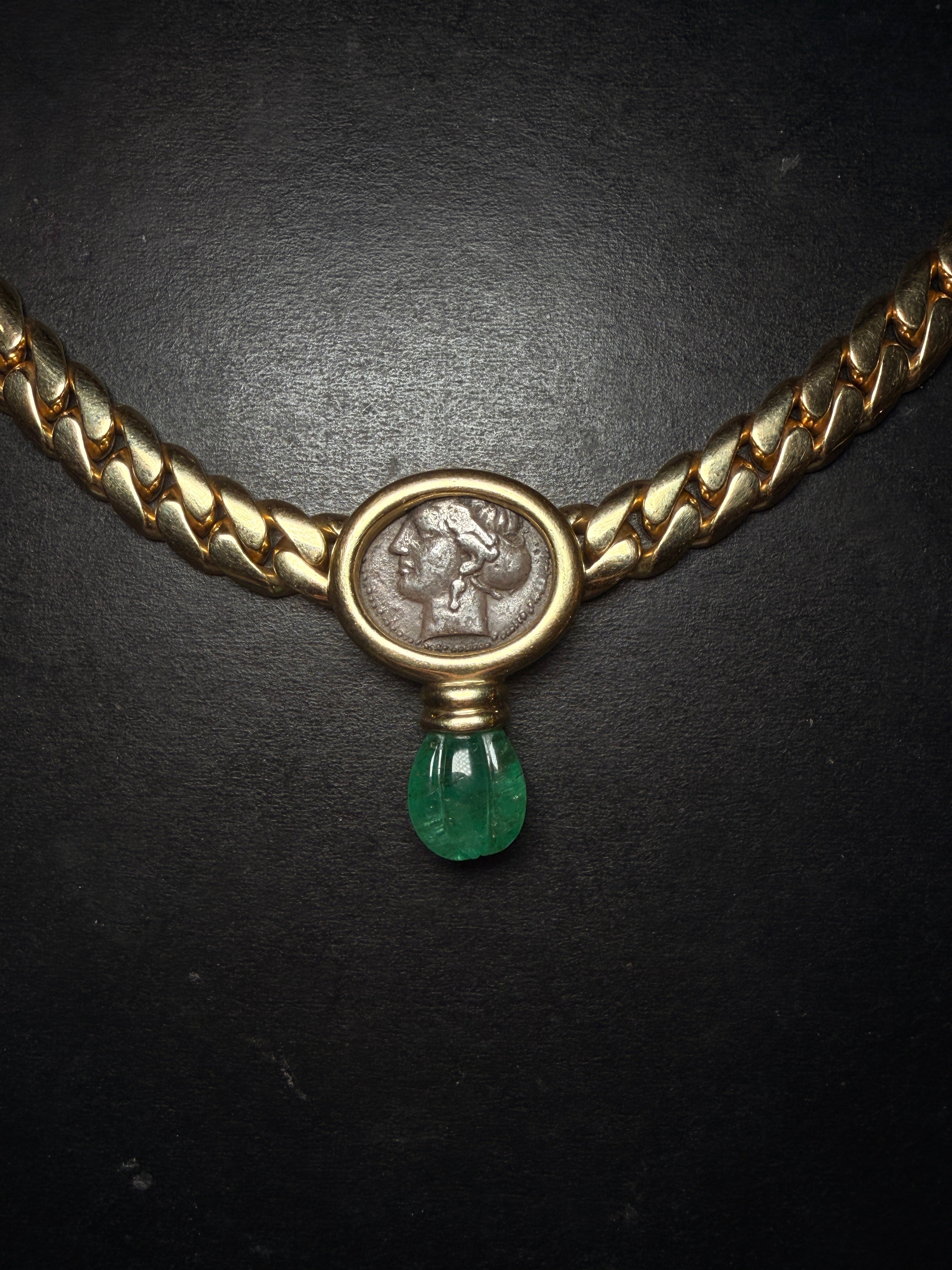 18k Gold Necklace with Ancient Coin and Emerald Drop – Signed S. Nardi