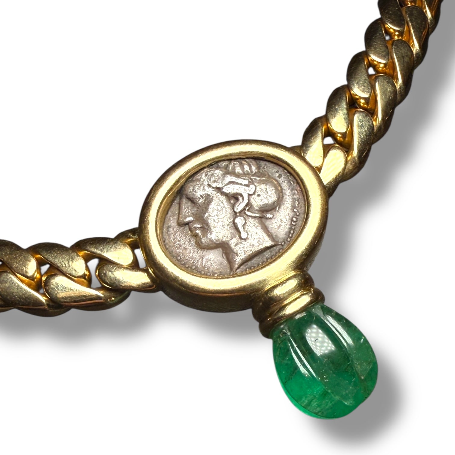 18k Gold Necklace with Ancient Coin and Emerald Drop – Signed S. Nardi