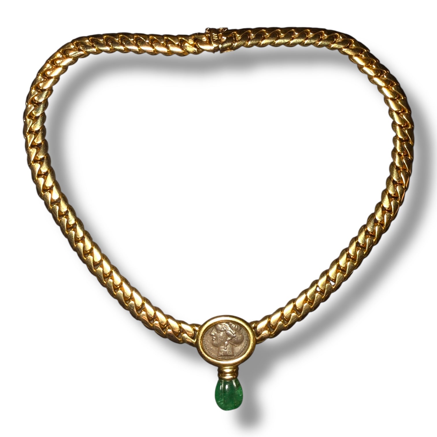 18k Gold Necklace with Ancient Coin and Emerald Drop – Signed S. Nardi