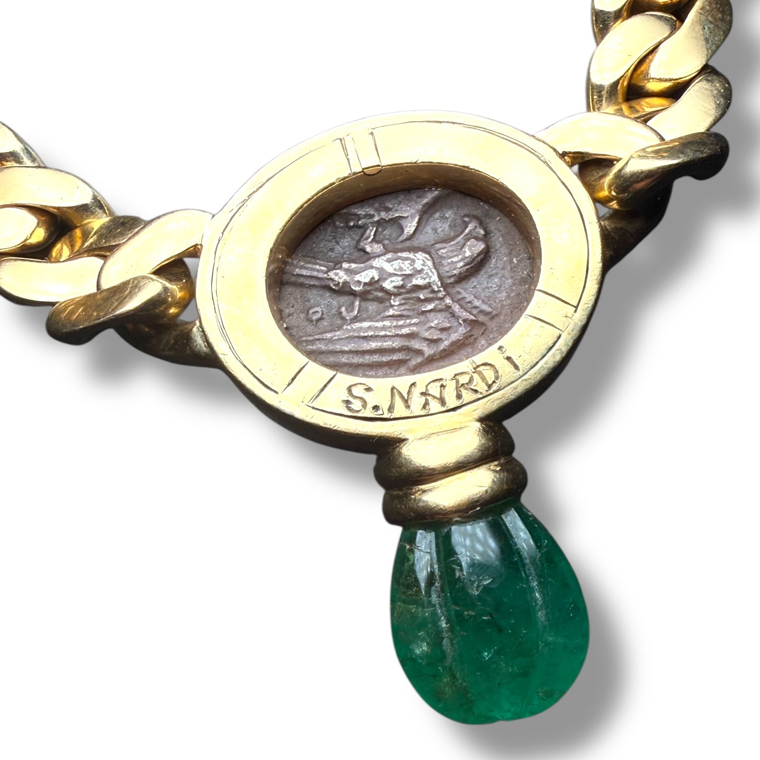 18k Gold Necklace with Ancient Coin and Emerald Drop – Signed S. Nardi
