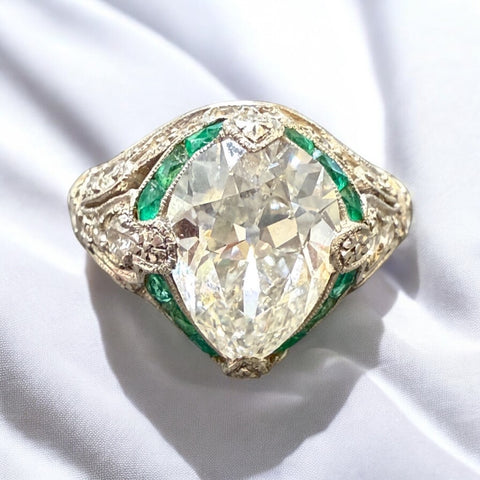 Antique Platinum Ring 2.19ct Old Mine Cut Diamond and Emeralds