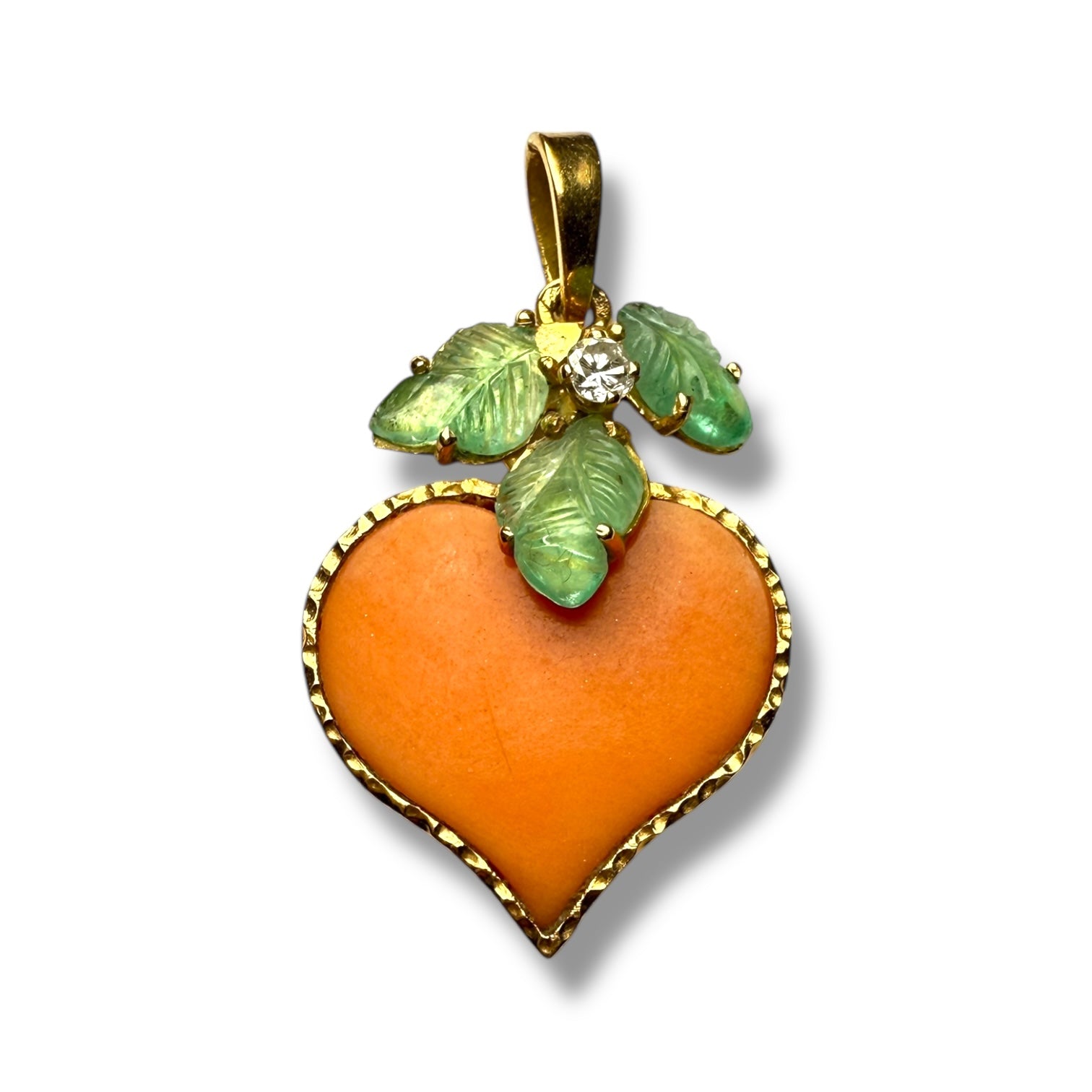 18k gold heart coral, emerald and diamond pendant