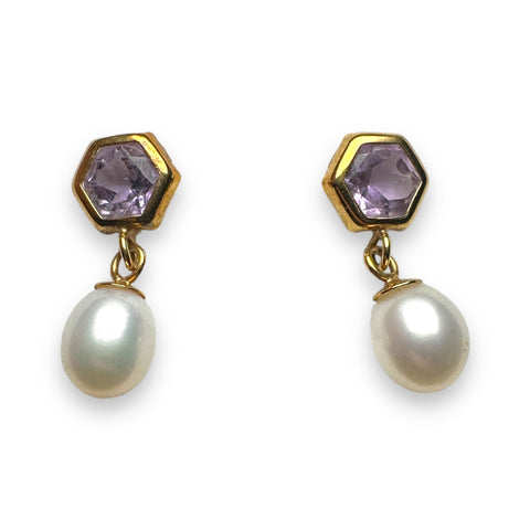 Amethyst and pearl gold earring