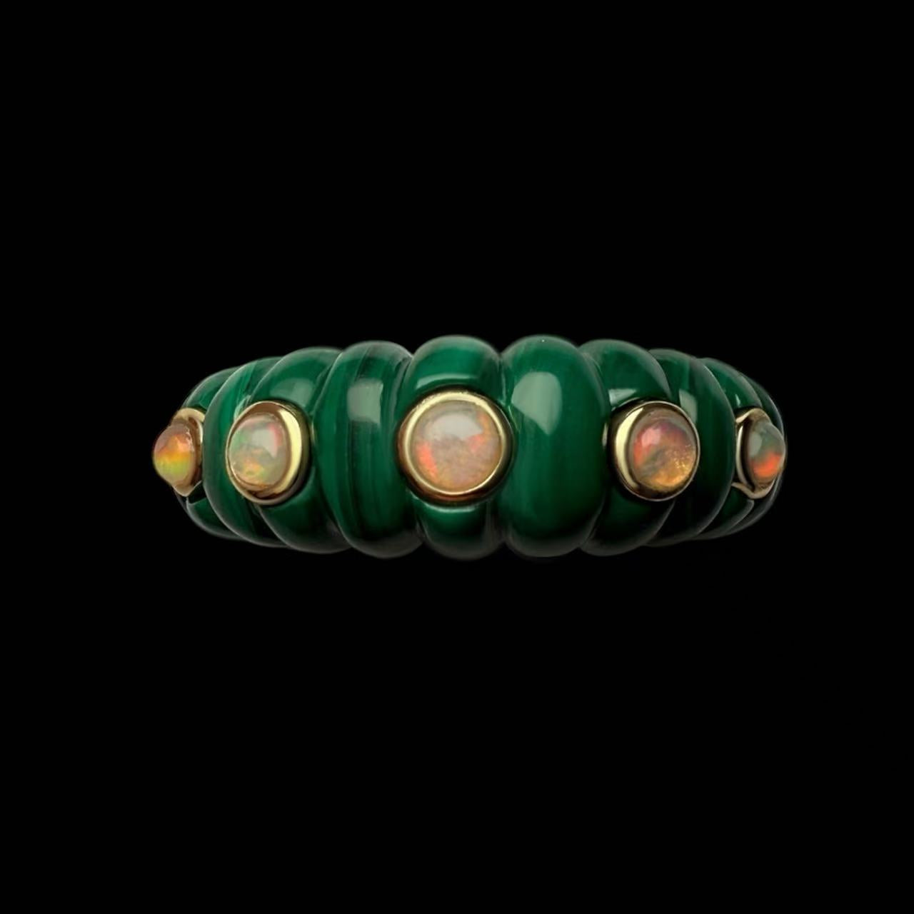 18k Gold Ring with Malachite and Opal 
