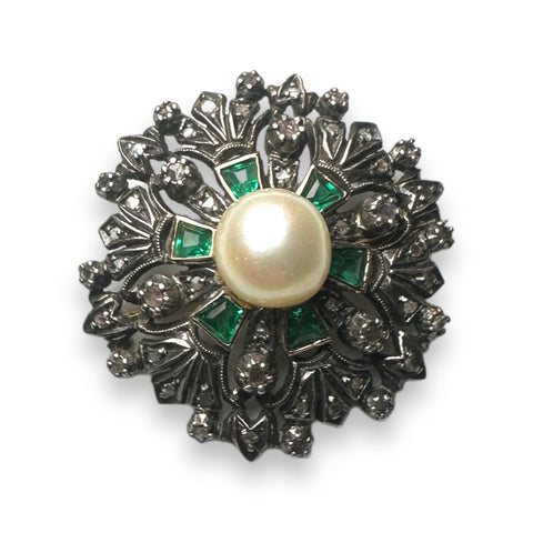 Pearl and diamond gold and silver brooch