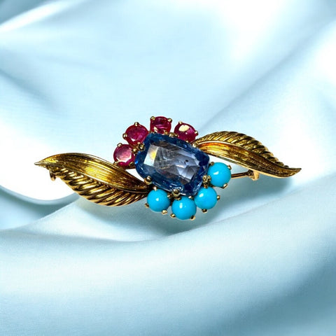 18k Yellow Gold Brooch with Natural Blue Sapphire and Rubies – Sri Lankan Origin