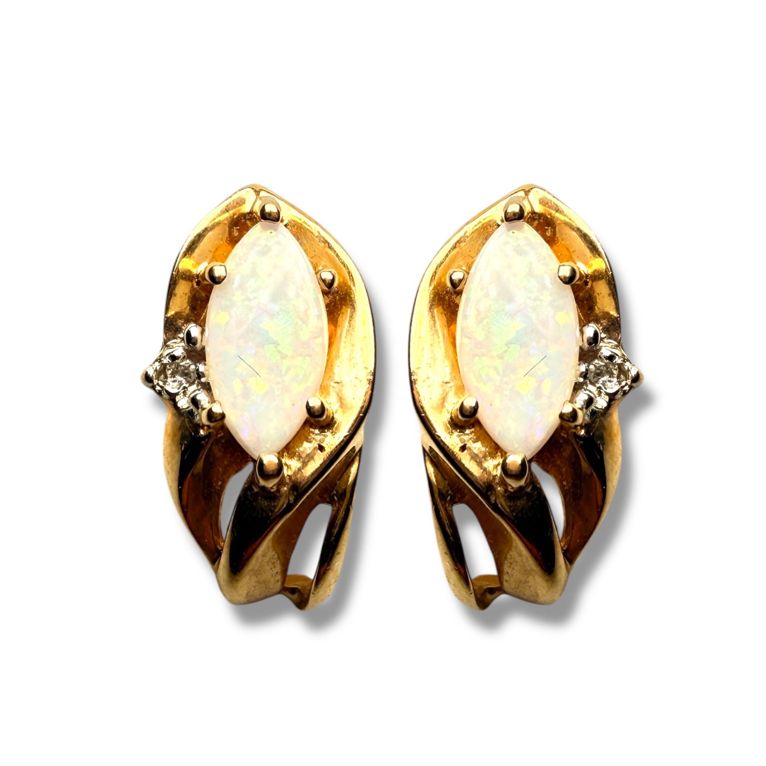 Vintage 10K Gold Opal and Diamond Earrings