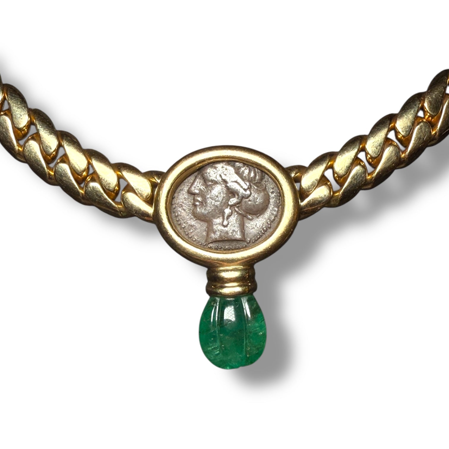 18k Gold Necklace with Ancient Coin and Emerald Drop – Signed S. Nardi